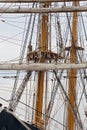 The three masted Palinuro, a historic Italian Navy training barquentine, moored in the Gaeta port.